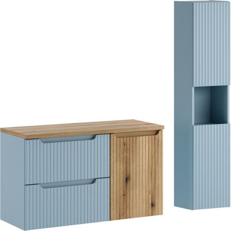 Conjunto VANO azul denim y roble claro 130cm: muebles bajo lavabo con cajones y cesto para la ropa + encimera para lavabo + columna