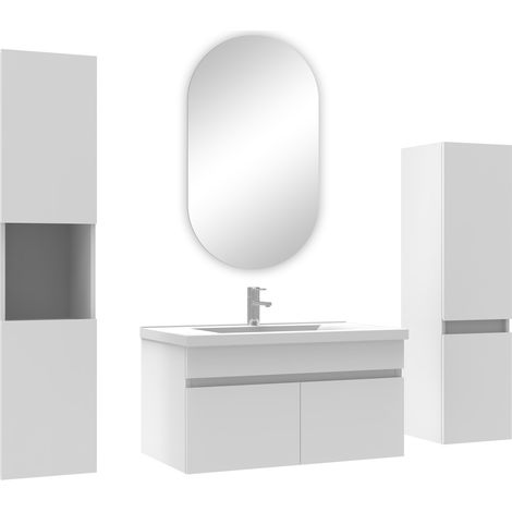 Ocean meuble Salle de Bain Blanc 80cm simple vasque + colonne + miroir ovale