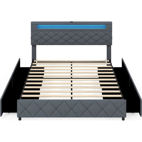 Estructura de cama tapizada 160x200 cm con LED, USB, cajones