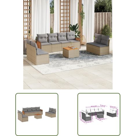 The Living Store 9-tlg. Garten-Sofagarnitur mit Kissen Beige Poly Rattan - Gartenmöbel - Outdoor Möbel - Rattan Gartenset - Lounge Set - Esstisch