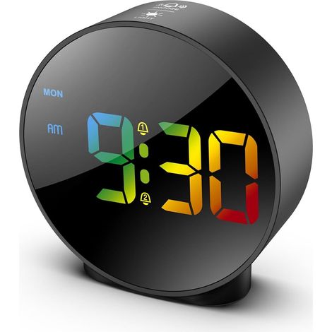 Digitaler LED-Wecker, 2 Alarme mit Schlummerfunktion, USB-/Batteriebetrieb, einstellbare Helligkeit (4 Stufen), Wochentagsanzeige, 12/24-Stunden-Anzeige, runder Tischwecker für Zuhause, Kinder (schwar (1/5)