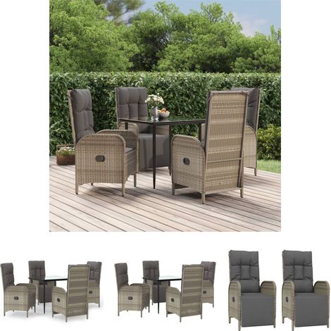 Gartenmöbel - vidaXL 5-tlg. Garten-Essgruppe mit Kissen Schwarz und Grau Poly Rattan - Liegestuhl (1/5)