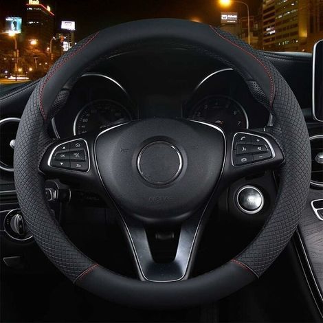 Funda para volante de coche, funda de cuero para volante de 37-39 cm, antideslizante, transpirable, de fibra de carbono, elástica, funda universal profesional para volante – Negro y rojo (con papelera (1/5)