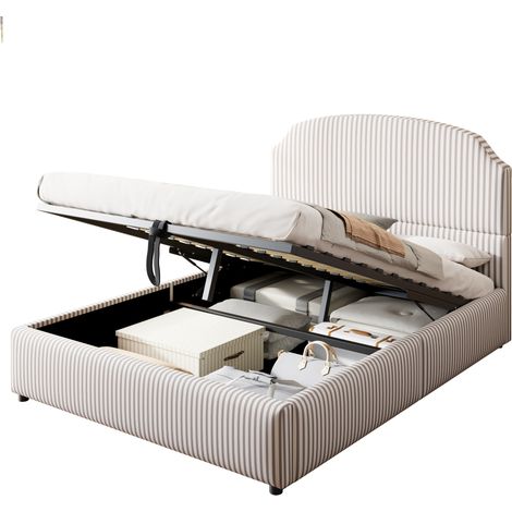 Letto imbottito matrimoniale 140x200 cm con contenitore idraulico, testiera grande a righe, struttura stabile in metallo, bianco e antracite  CHICFURN (1/5)