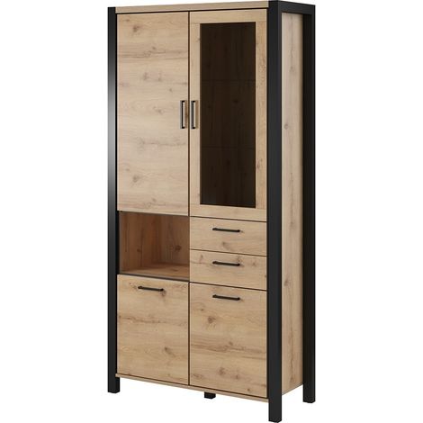 Vitrine hoch XL Kollektion TIVORA. Farbe Eiche und Schwarz. LED inklusive