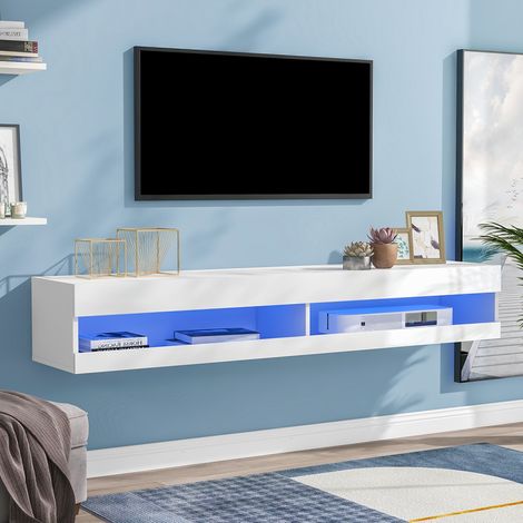 Modernluxe – Meuble TV suspendu 140 cm – Éclairage LED 16 couleurs – 2 étagères ouvertes – Bois manufacturé – Dimensions 140x40x30,5 cm – Blanc (1/5)