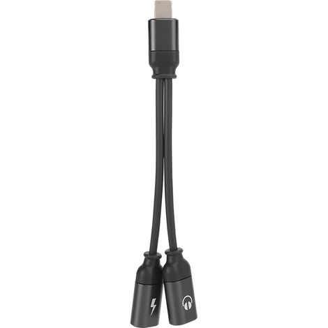 Adaptateur chargeur casque 2-en-1, aluminium, double prise, plug-and-play, câble pour iOS, noir (1/5)