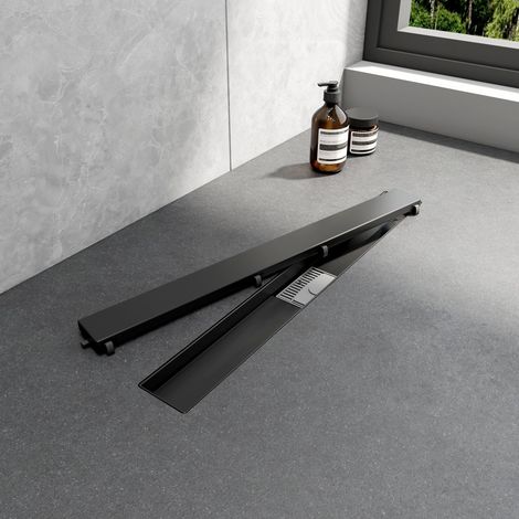 EMKE Duschrinne 60cm Edelstahl Befliesbar 2 in 1 Komplettset Bodenablauf Dusche Siphon, Extra Flach Abflussrinne Haarsieb Randablauf Schwarz (1/5)