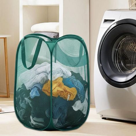 (vert)Panier à linge pliable en maille avec poignées, panier à linge pliable de luxe avec poche latérale pour buanderie (1/5)