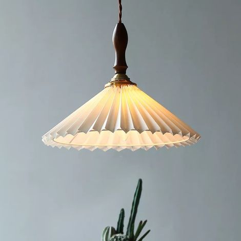 Pendelleuchte für Restaurants im modernen Stil, Retro-Stil, aus Massivholz, plissierter Stoff, Einzelkopf, 3500 K (30 x 25 cm) (1/5)