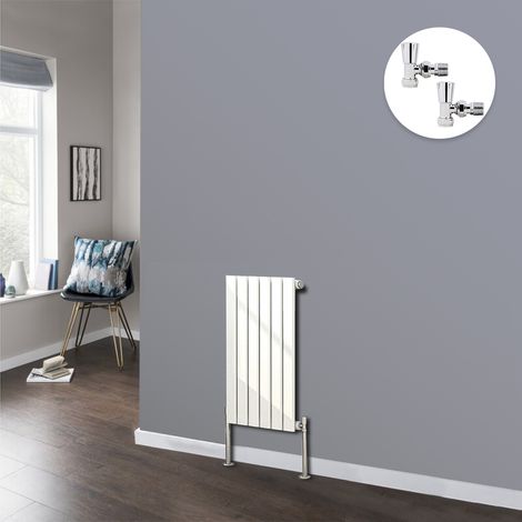 Flat Panel Designer Radiator Bathroom Central Heating Radiators White with Angled Manual Pair of Valves 600 x 408mm Horizontal Single