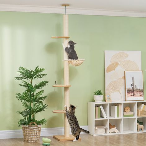 Arbre à chat de hauteur plafond, dispositif anti-basculement, poteaux en corde de sisal, bois d'ingénierie, chêne et blanc crème (1/5)
