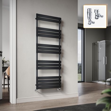 Elegant 1600 x 600mm Heated Towel Rail Black Radiator, Modern Flat Panel Designer Central Heating Towel Warmers + Chrome Thermostatic Radiator Valves