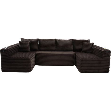 Sofá modular en U de pana marrón con portavasos, bolsillos laterales y 6 cojines (1/5)
