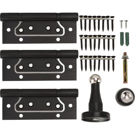 Kit de charnières de porte 5 pouces avec stop magnétique – Chargement fort, fonctionnement silencieux pour chambre ou bureau – 3 charnières + 1 stop + kit fixation (noir)