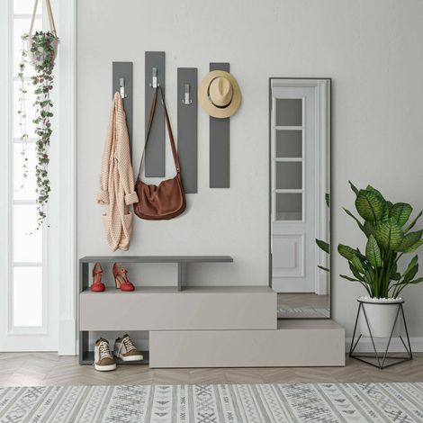 Dmora - Muebles de entrada Dmartíne, Entrada para perchas, Composición para atrio, Consola de almacenamiento multifunción, 137x35h55 cm, Gris topo y Antracita (1/5)