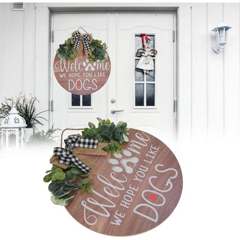 Plaque Porte Composite Bois Décor Hanging Wreath Signe Bienvenue Accueil Maison Rustique 30x30cm (1/5)