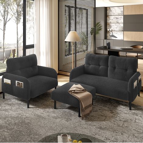 Sofa-Set 120/75/79 cm aus Cord in Grau mit Seitentasche und stabiler Metall-Holz-Konstruktion (1/5)