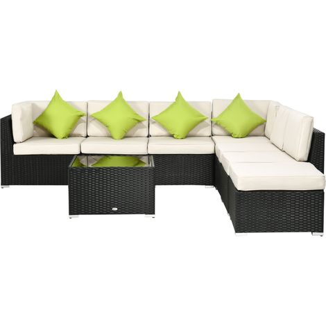 8 Pieces PE Rattan Corner Sofa Set, Outdoor Garden Furniture Set, Patio Wicker Sofa Seater w Cushion, Washable Cushion Cover & Tempered Glass Table, Khaki (1/5)