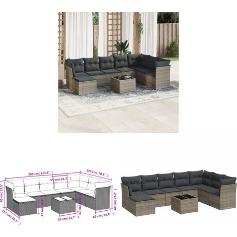 9-tlg. Garten-Sofagarnitur mit Kissen Grau Poly Rattan - Gartenmöbel Set - PE-Rattan Möbel - Outdoor Sofa - Esstisch - Lounge Garnitur - Home & Living (1/3)
