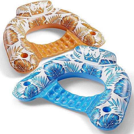 2 sillas hinchables para piscina – Tumbonas flotantes – Hamacas acuáticas – Juguetes acuáticos – Aptas para piscinas – Material de PVC – Azul/Amarillo (1/5)