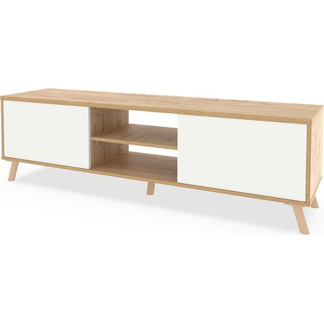 Meuble TV sur pieds avec 2 portes et 2 étagères coloris Chêne doré/Blanc - Longueur 160 x Hauteur 55 x Profondeur 40 cm (1/5)