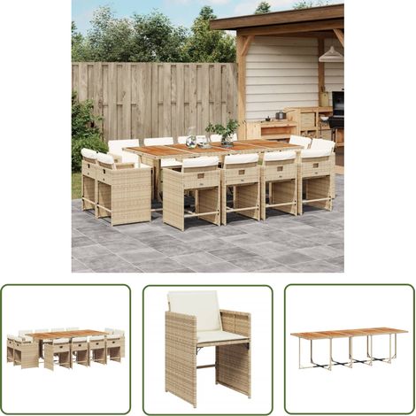 The Living Store 13-tlg. Garten-Essgruppe mit Kissen Beige Poly Rattan - Gartentisch - Esstisch - Gartenmöbel Set - Outdoor Möbel - Terrassenmöbel (1/5)