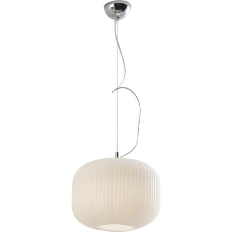 Lampe à Suspension Rigadin en Chrome et Verre Blanc Satiné 30cm, E27 IP20, Style Géométrique Moderne - Groupe Rossini (1/5)