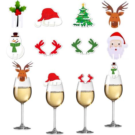 Ensemble de 80 marque-verres à vin de Noël : Père Noël, orignal et autres motifs – Décorations festives pour verres à vin et étiquettes en bois pour identifier les verres à boire à Noël (1/5)