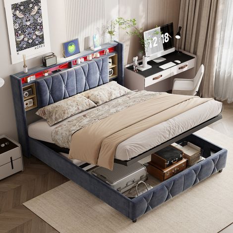 Cama 160x200 con somier, Cama 160x200, Cama led 160 x 200, Elegante cama doble con espacio de almacenamiento integrado, cargador USB y iluminación LED