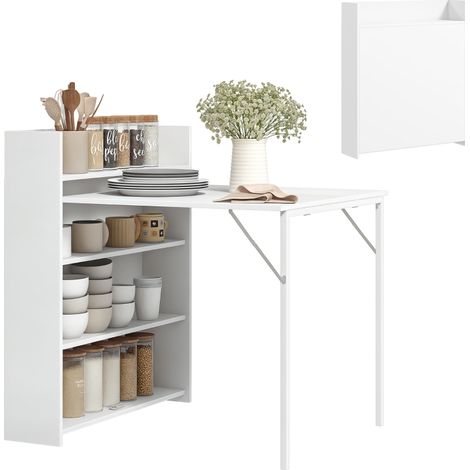 Kitchen Table, Folding Dining Table, with 4-Tier Shelves, Modern Drop-Leaf Table, White (1/5)