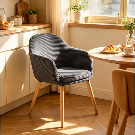 Chaise de salle à manger en velours côtelé gris foncé, avec accoudoirs, assise confortable et pieds en bois stables pour salon, cuisine, bureau  CHICFURN (1/5)