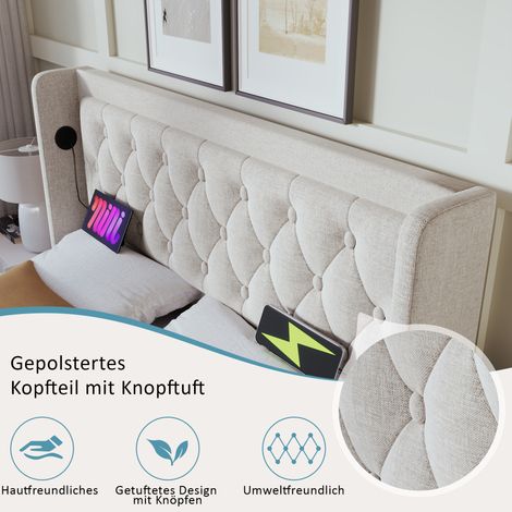 Lit double rembourré 140x200 cm beige, housse en coton, sommier coffre hydraulique, tête de lit matelassée avec port USB-C, éclairage LED 3 côtés (sans matelas) (1/5)