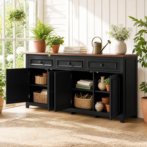 Sideboard 160x35x76 cm, con 3 cassetti e 4 ante, divisori regolabili, MDF nero (1/5)