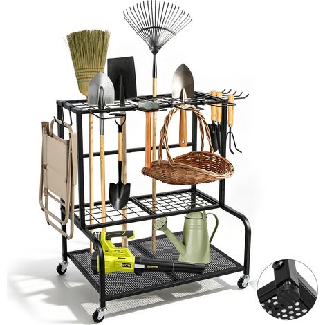 Organisateur d'Outils de Jardin 78 Emplacements avec 11 Crochets, Support en Acier avec 4 Roues 360° et Freins, 61×41×66cm – Organisateur pour Garage, Abri, Terrasse (1/5)