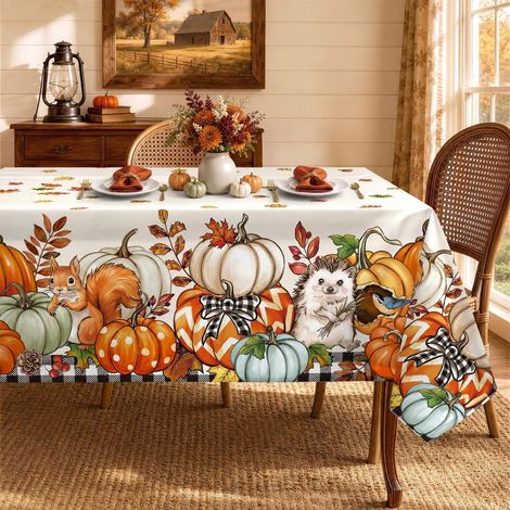 Tischdecke Herbstmotiv Kürbis Eichhörnchen 140x180 cm waschbar Polyester