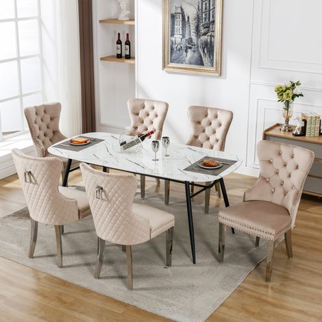 Chaise salle à manger rembourrée velours beige garniture cloutée pieds métal lot de 6