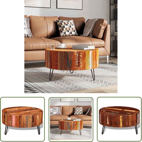 The Living Store Table basse ronde Bois massif de récupération - Table Basse - Table D'appoint - Meubles Anciens - Bois Recyclé - Design Vintage (1/5)