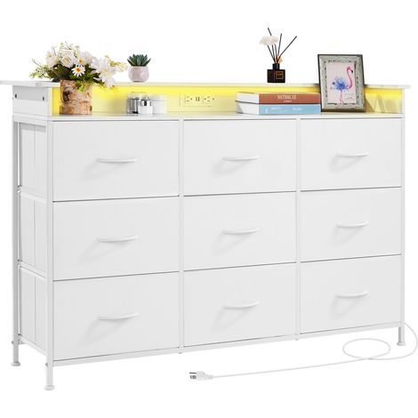VEVOR Cassettiera con 9 Cassetti, Cassettiera Alta con Contenitore in Tessuto, Cassetti Portaoggetti per Armadio Robusta Struttura in Metallo, Luci a LED e Presa Integrata, per Camera da Letto, Bianco