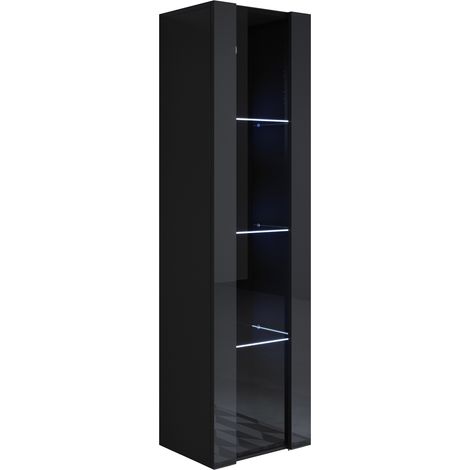 Lettiemobili – Vitrine murale 1 porte avec LED – Meuble de rangement suspendu 40x165x29cm – 4 compartiments – Panneaux en mélamine brillante – Étagères en verre (1/4)