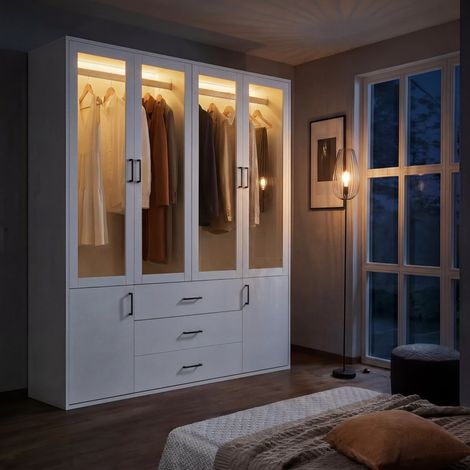 Armoire 160 x 51,8 x 182 cm avec 4 portes vitrées, LED intégrées, 3 tiroirs, 2 penderies, Armoire penderie blanche bois, armoire de chambre (1/5)
