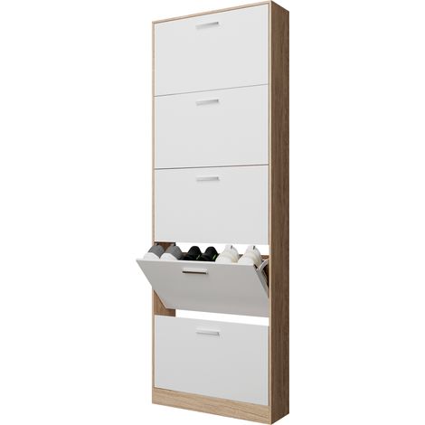 CASABEL Meuble Rangement Chaussure 15 Paires - Pour Entree Couloir - 60x17x180 cm - Blanc Bois Clair