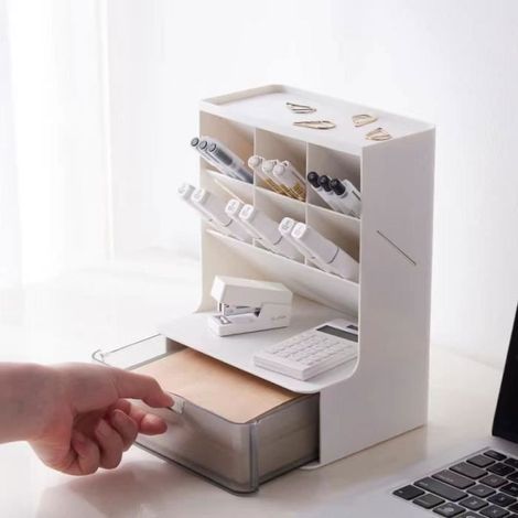 Boîte de Rangement Bureau Organiseur de Fournitures avec Tiroir Multifonctionnel Porte-stylo Rangement pour La Maison l\'école-Blanc (1/4)