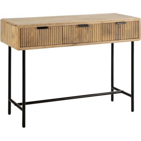 Console 3 tiroirs en manguier massif relief graphique vertical piètement métal laqué noir - MELKA