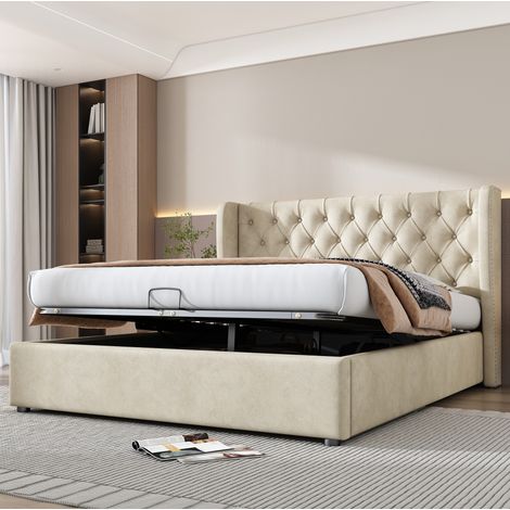Letto matrimoniale contenitore in velluto beige 160x200 DESVIAE (1/5)