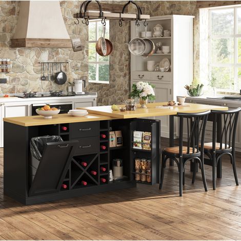 Table de bar rotatif 360° 120-223x40x73,8 cm avec rangement, porte-bouteilles amovible, MDF noir naturel (1/5)