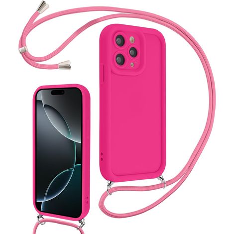 Coque pour iPhone 16 Pro 6,3" avec Cordon de Collier Réglable, Etui Protection de la Caméra Silicone Souple TPU Antichoc Housse avec Corde Lanyard Cover pour Femmes Filles, Rose Rouge (1/5)