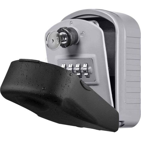 Coffre-fort à clés [Nouvelle génération] Grand coffre-fort à clés extérieur avec 4 codes d'urgence et clés Boîte à clés murale étanche et antirouille pour école, bureau, usine (gris) (1/5)