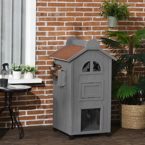 Casa para gatos de dos plantas con múltiples entradas fabricada en madera de cedro y con techo asfalto gris 59x55x109 cm (1/5)
