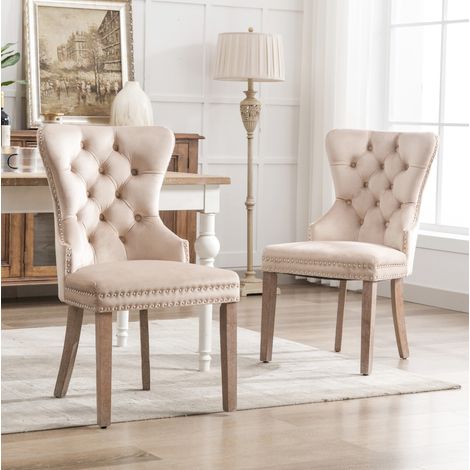Chaise de salle à manger en velours beige avec pieds en bois massif et anneau arrière, 95 cm, lot de 2 (1/5)